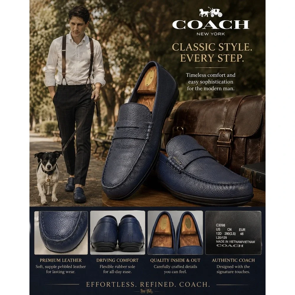 Coach C3098 Men's Navy Blue Pebbled Leather Penny Loafers Driving Shoes Size 12D